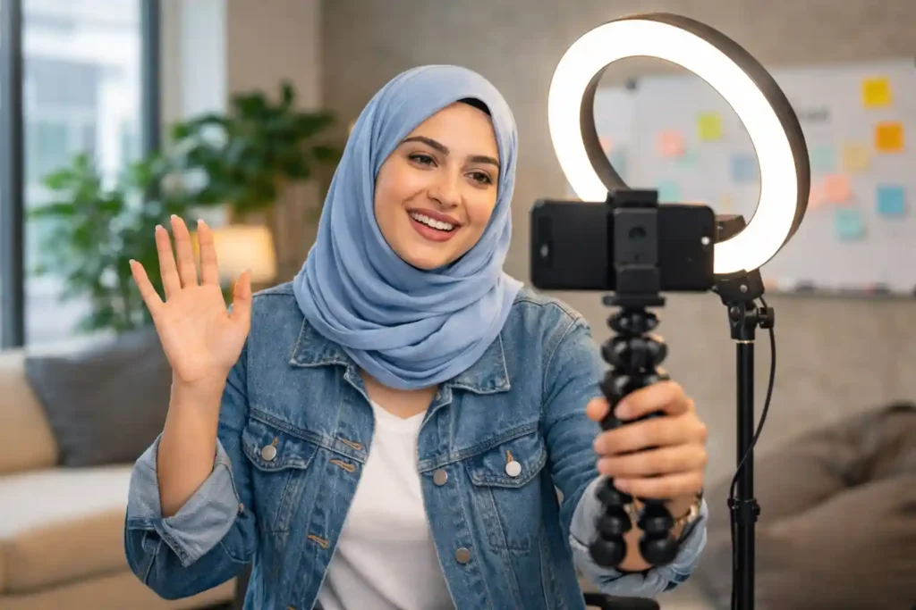 femme saoudienne filmant avec un smartphone compressed