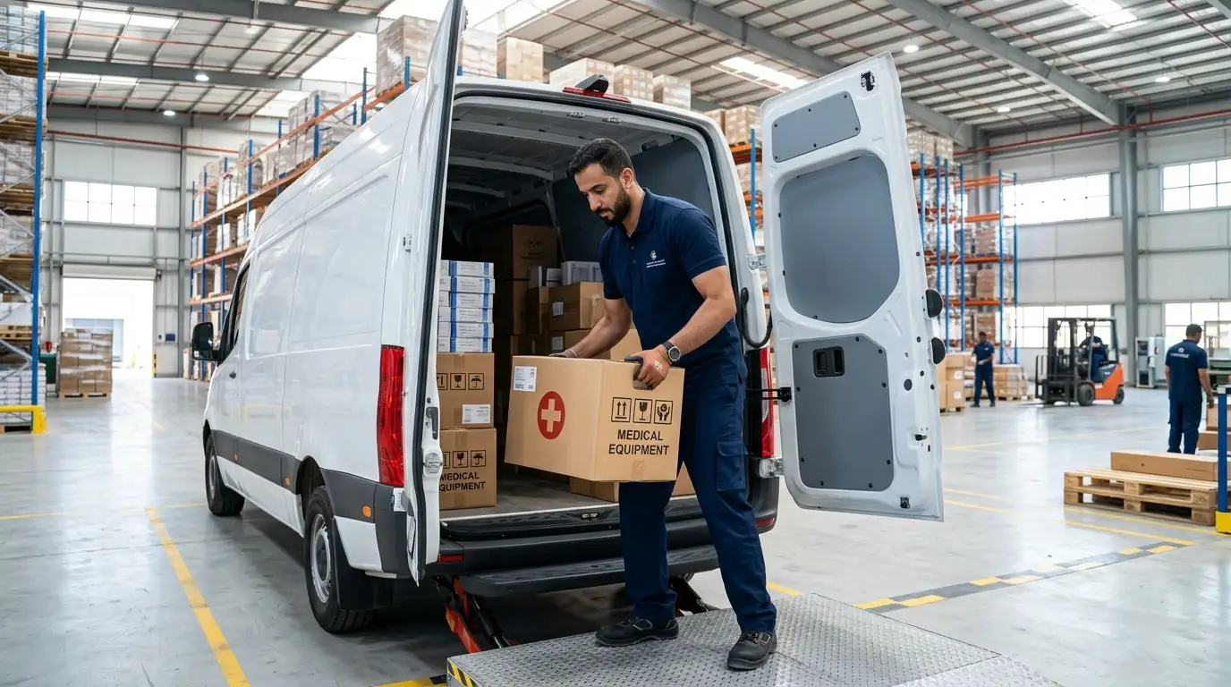 Professional delivery driver wearing neat work attire loading medical equipment boxes into a company delivery van, modern warehouse environment in Saudi Arabia, realistic commercial photography, clean and organized workplace, natural lighting, high detail, professional corporate style, no text, no watermark, ultra realistic